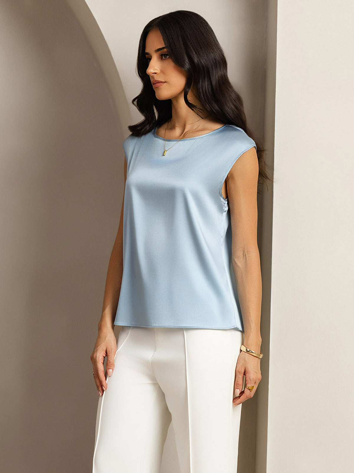 [Gråblå] SilkSilky-NO 19Momme Silke Womens T-Shirt 005