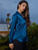 [Blågrønn] SilkSilky-NO Long Sleeve Lapel Collar Skjorte for Kvinner 004