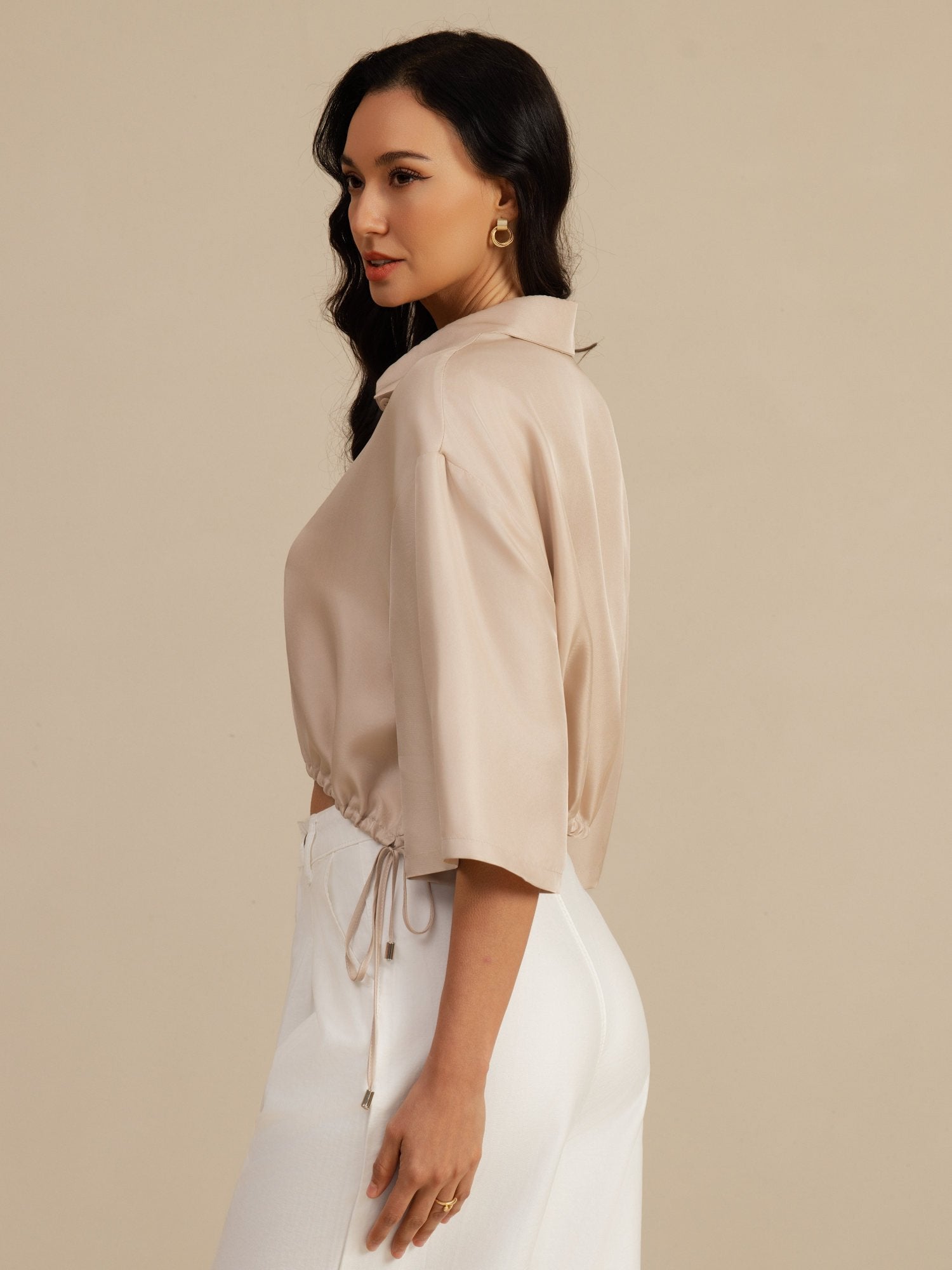 [Tan] SilkSilky-NO 18Momme Halv erme Slagkrage Bluse 003