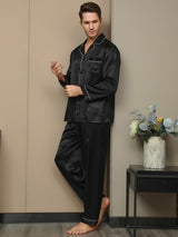 [Svart] SilkSilky-NO Long Sleeve Lapel Collar Pyjamas for menn 005
