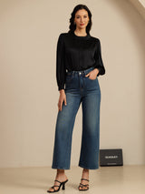[Svart] SilkSilky-NO 19Momme Long Sleeve Round Neck Bluse 007
