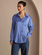 [Blå Nålestripete] SilkSilky-NO Long Sleeve Lapel Collar Skjorte for Kvinner 004