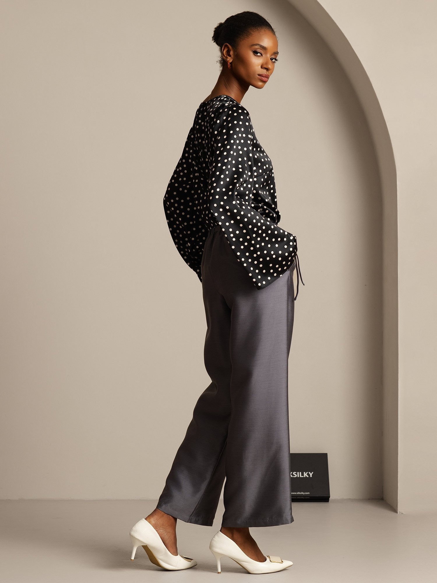 [Grå] SilkSilky-NO 32Momme Silk-Wool Blend Womens Pants 007,