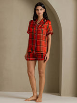 [Rødt Rutemønster] SilkSilky-NO Short Sleeve Notch Collar Pyjamas for Kvinner 006