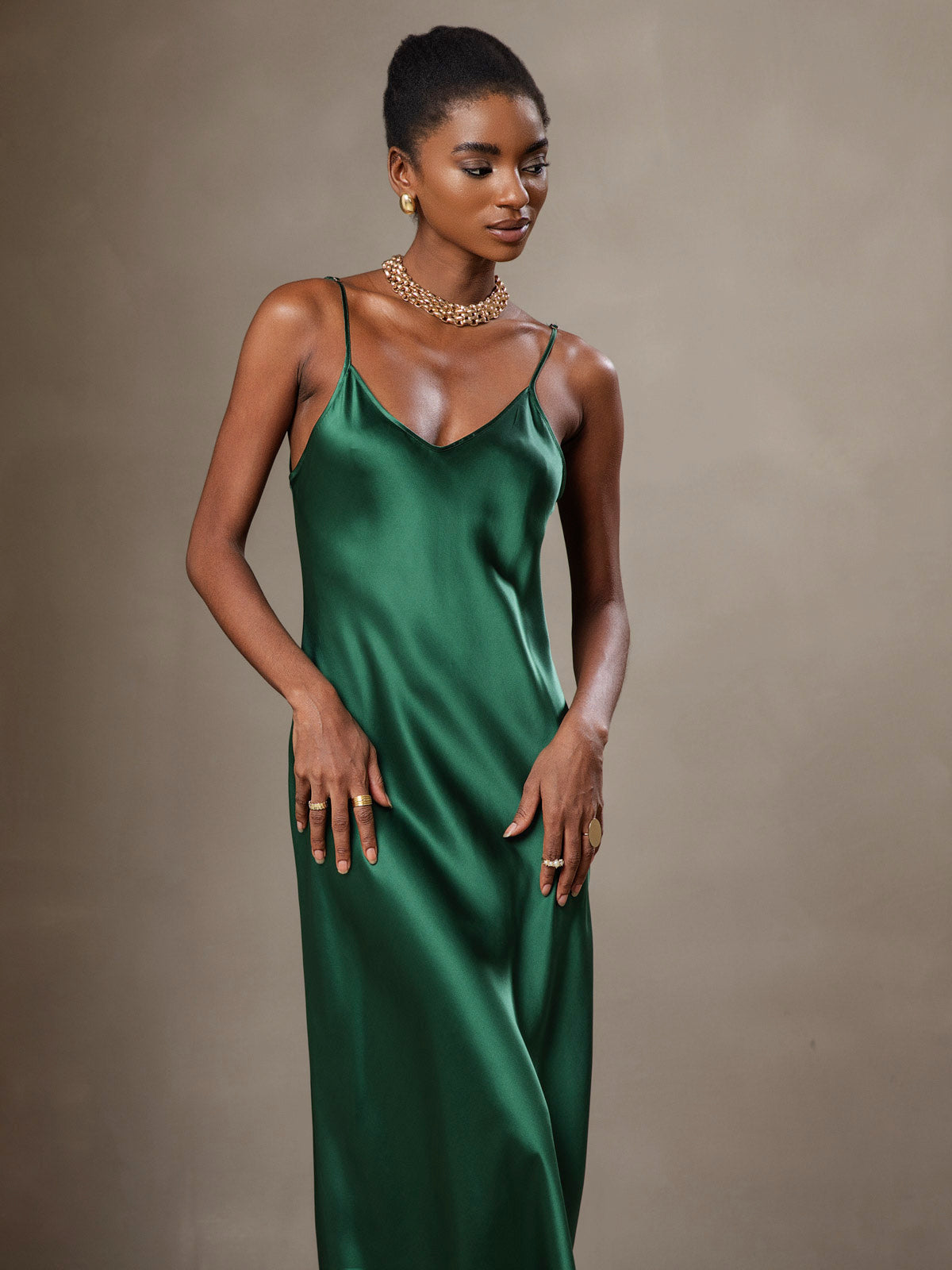 [Grønn] SilkSilky-NO Pure Silk Sleeveless Round Neck Kjole 003
