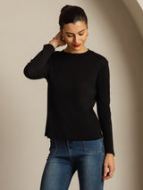 [Svart] SilkSilky-NO Long Sleeve Crew Neck T-skjorte for Kvinner 007