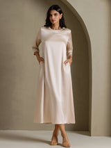 [Beige] SilkSilky-NO 3/4 Sleeve Round Neck Kjole 001