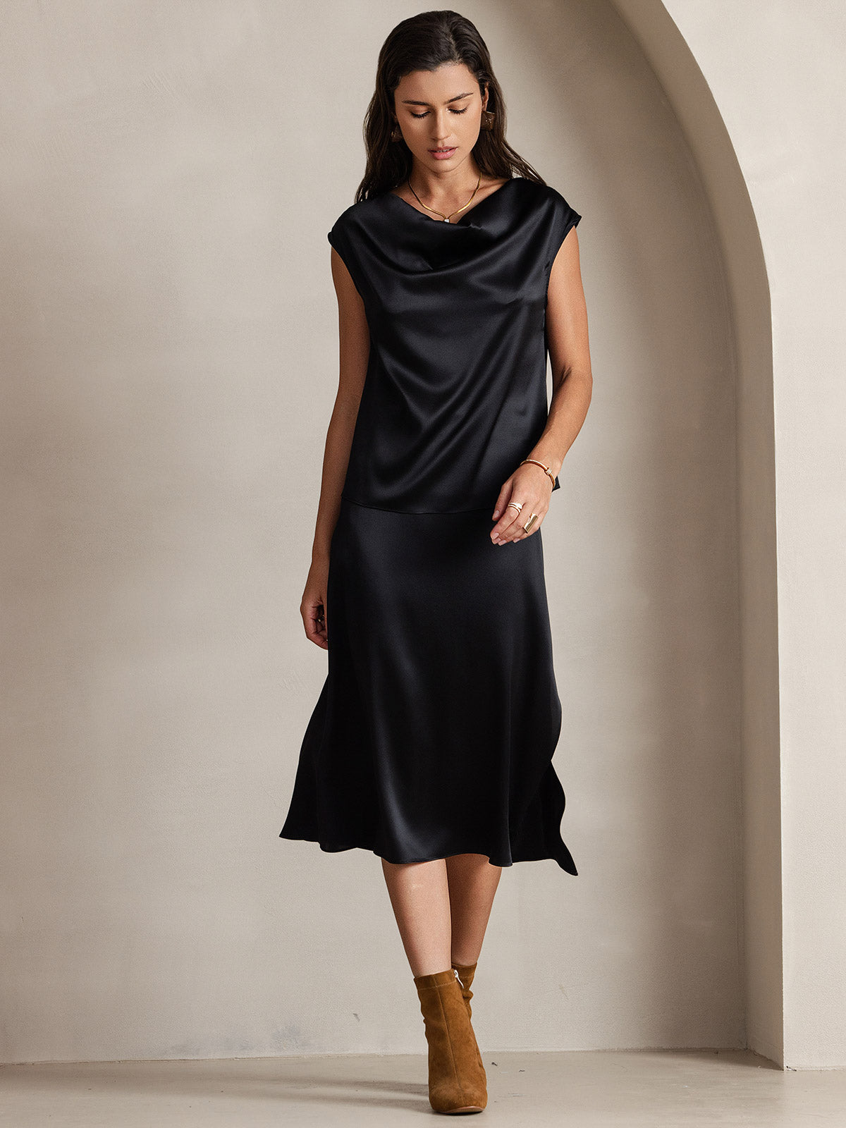 [Svart] SilkSilky-NO 19Momme Silke Cowl Neck T-skjorte for Kvinner 004