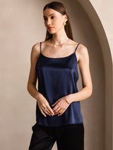 [Mørke blå] SilkSilky-NO 19Momme Spaghetti Stropp Dyp Rund Halsutringning Camisole Topp 001