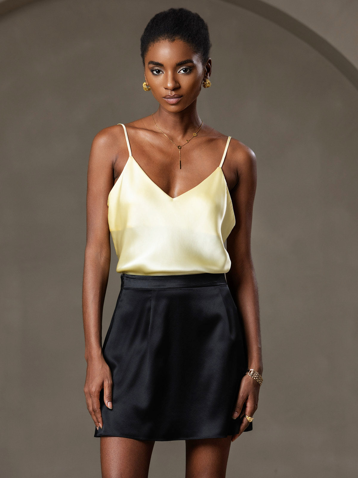 [Lys Gul] SilkSilky-NO V-Hals Camisole Topp 006