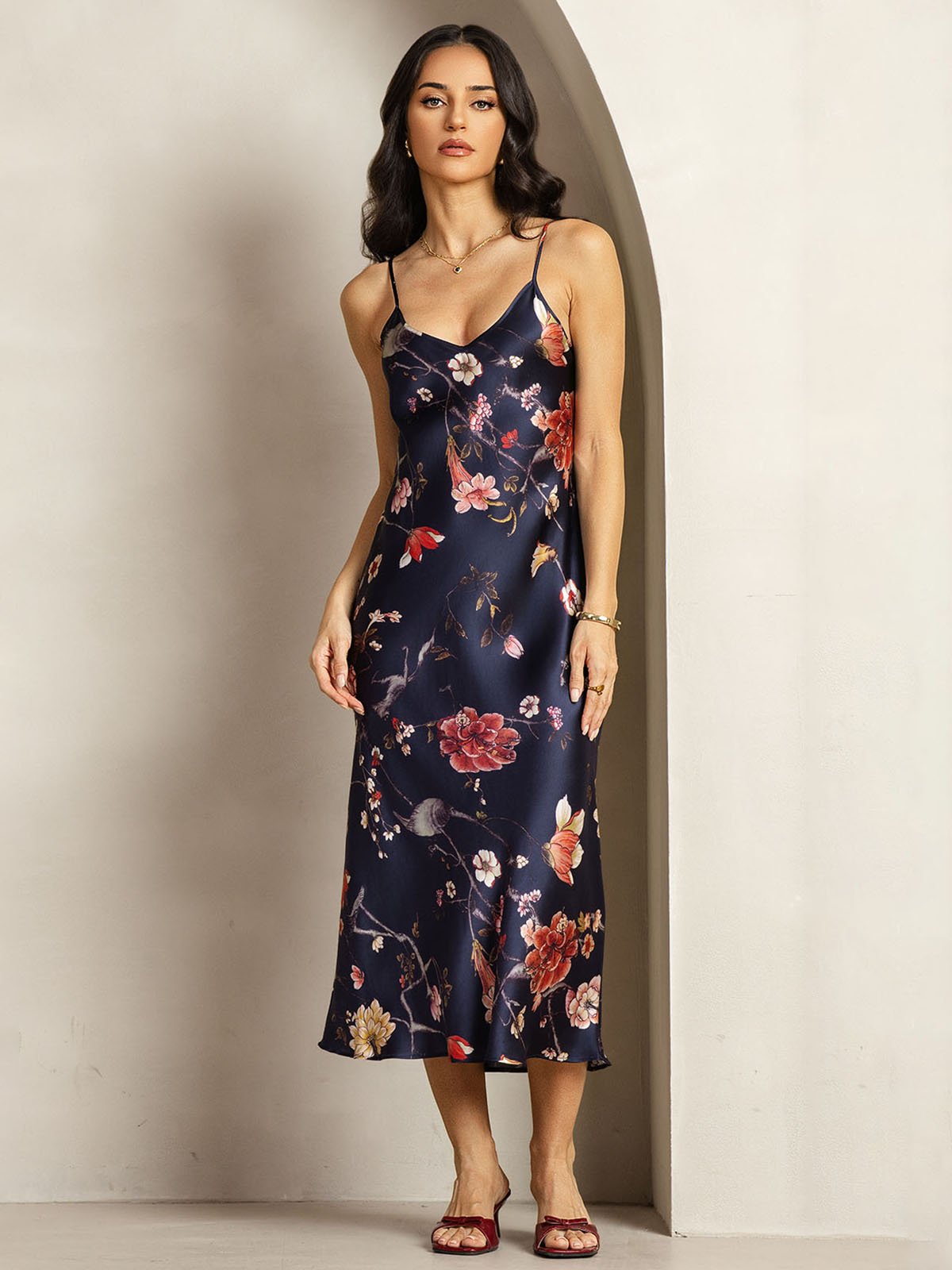 [MarineBlomster] SilkSilky-NO 19Momme Silke V-Hals Kjole 001