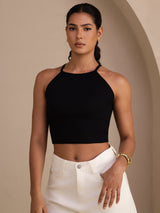 [Svart] SilkSilky-NO Sleeveless Crew Neck Camisole Topp 001