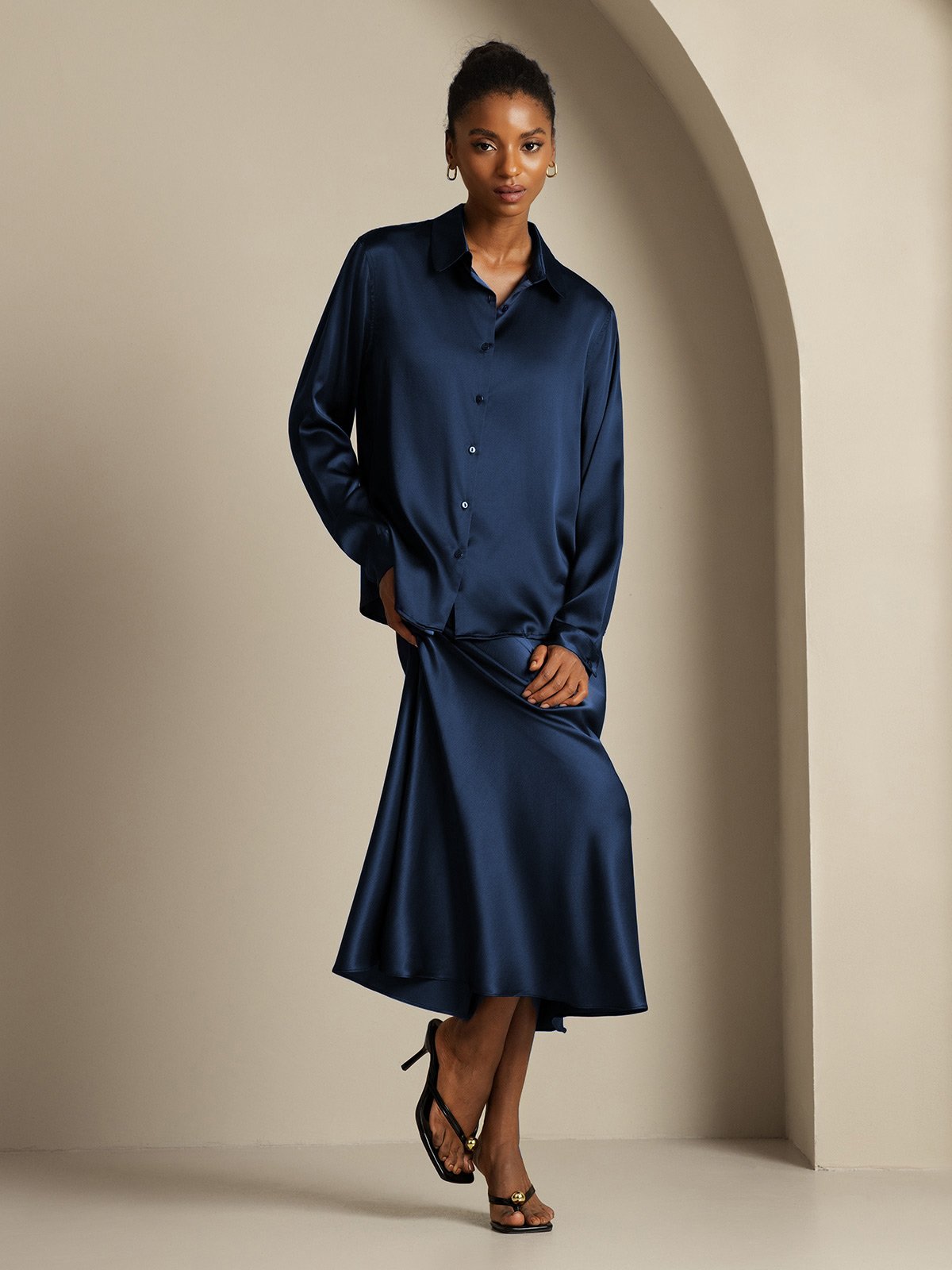 [Mørke blå] SilkSilky-NO 19Momme Silke Womens Outfit Sets 003,
