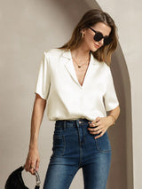 [Elfenbein] SilkSilky-NO Short Sleeve Lapel Collar Skjorte for Kvinner 006