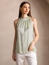 [Lysegrønn] SilkSilky-NO Sleeveless Halterneck T-skjorte for Kvinner 001