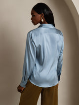 [Gråblå] SilkSilky-NO Long Sleeve Lapel Collar Skjorte for Kvinner 002