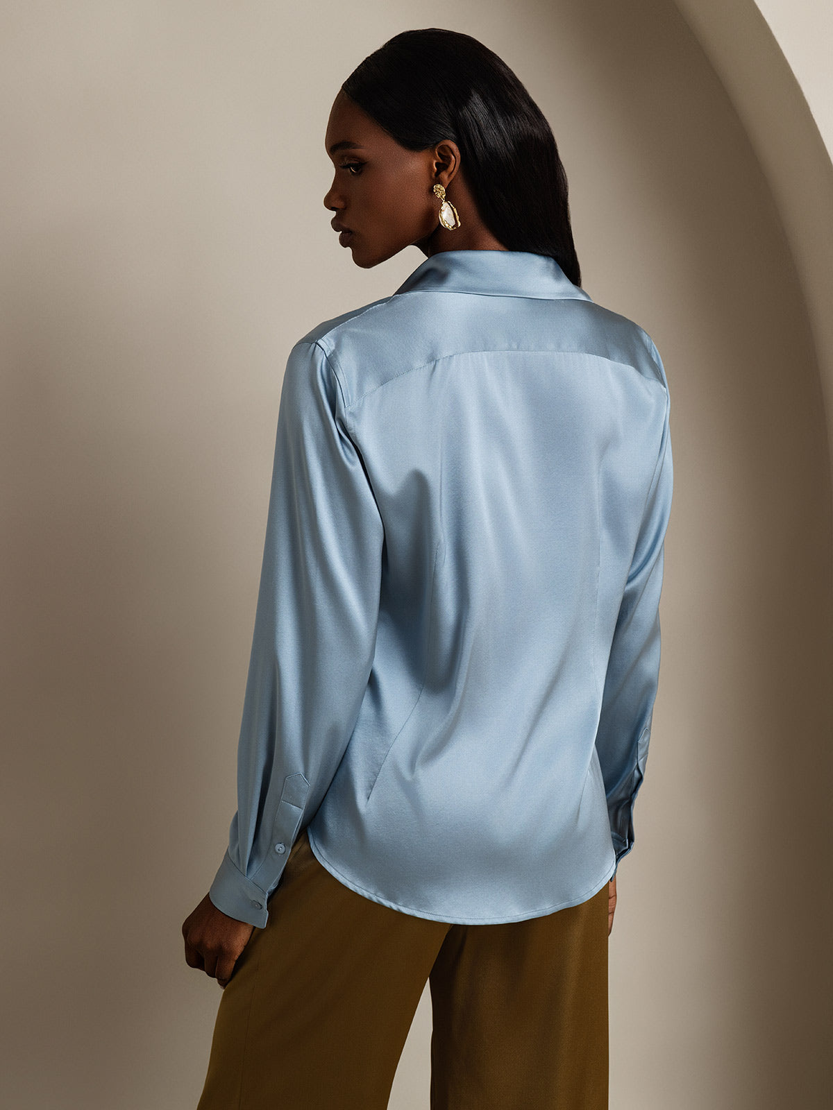 [Gråblå] SilkSilky-NO Silke Lapel Collar Skjorte for Kvinner 002