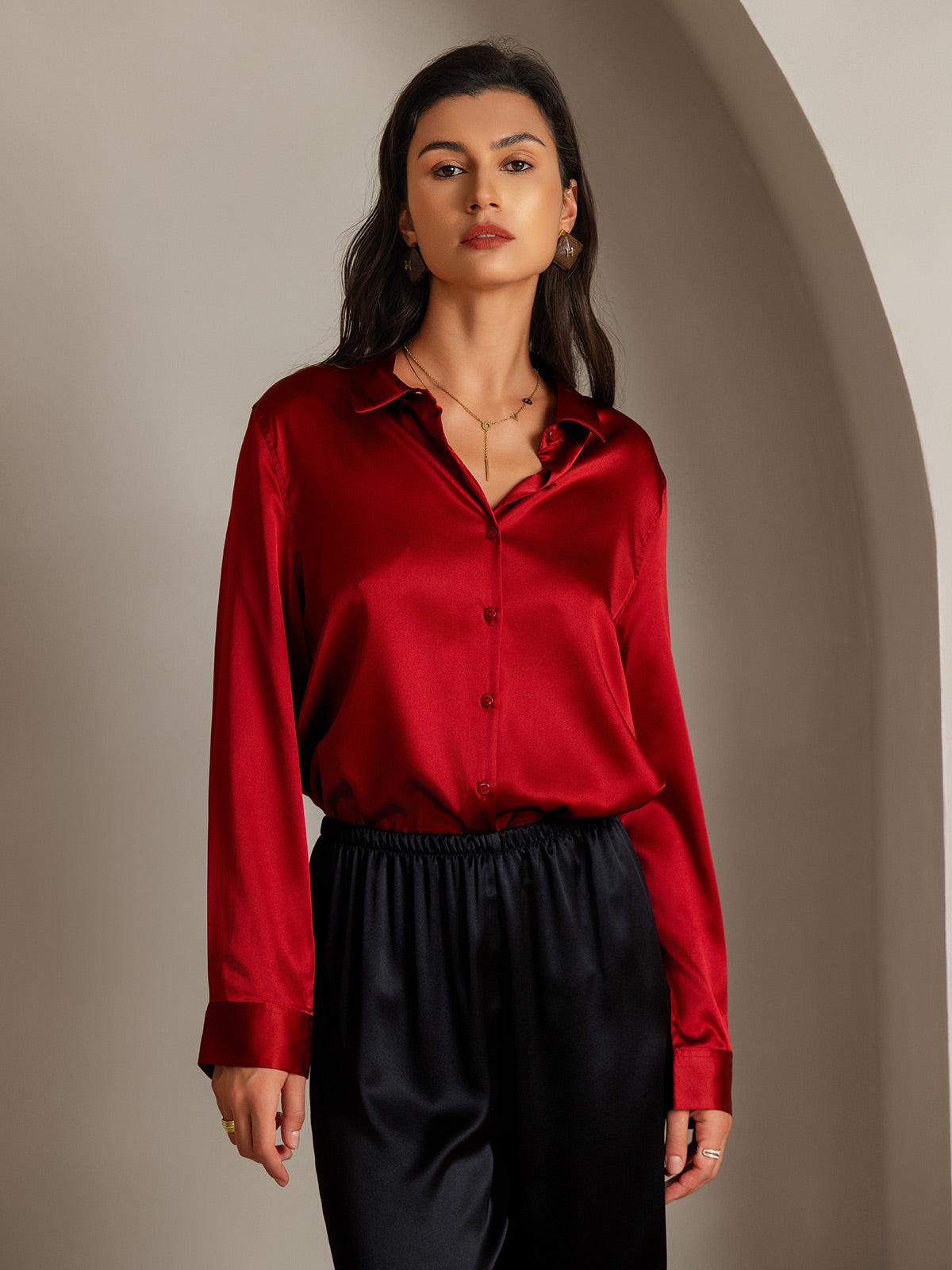 [Rød] SilkSilky-NO Silke Lapel Collar Skjorte for Kvinner 001