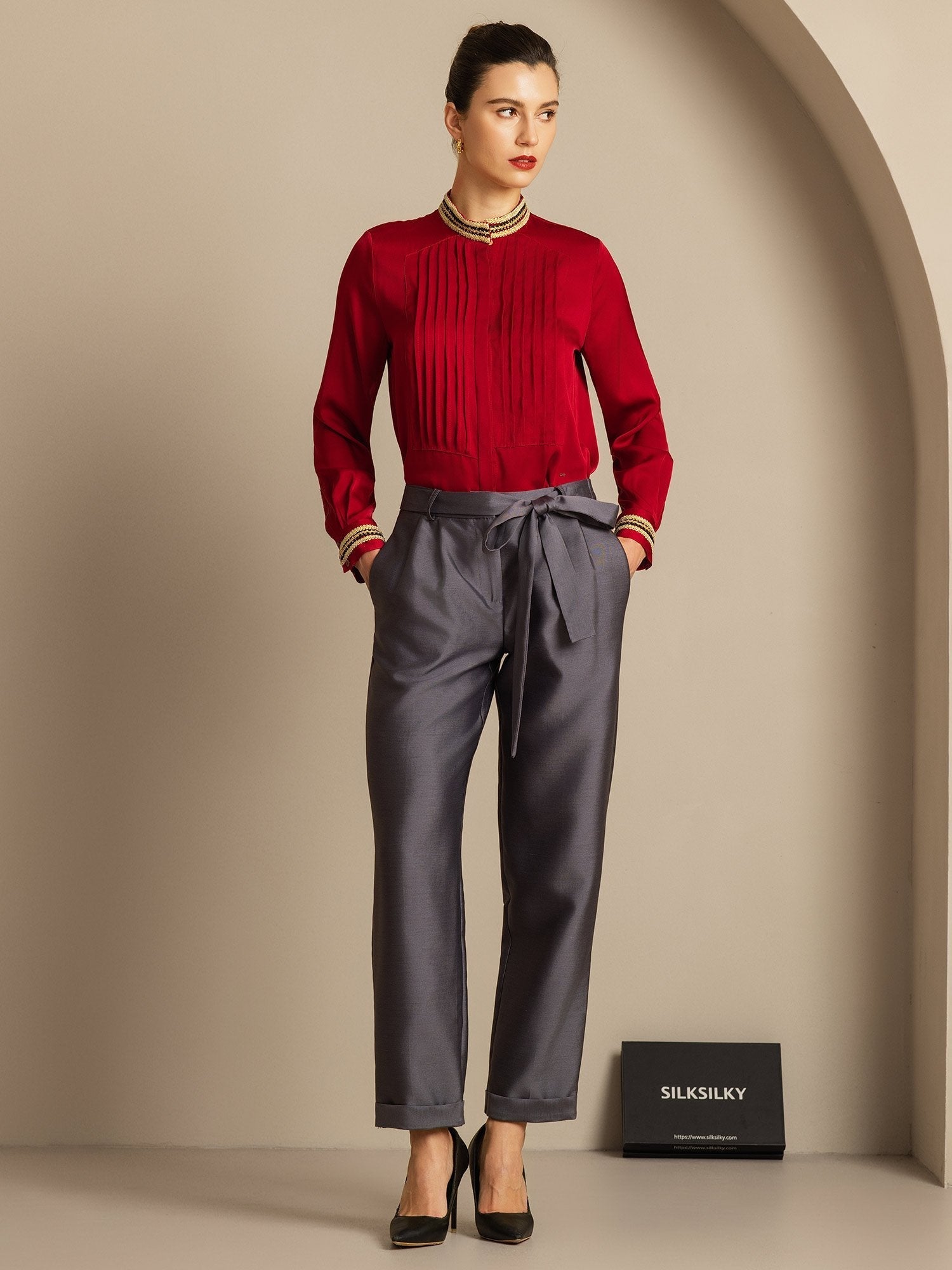 [Grå] SilkSilky-NO 32Momme Silk-Wool Blend Womens Pants 008,