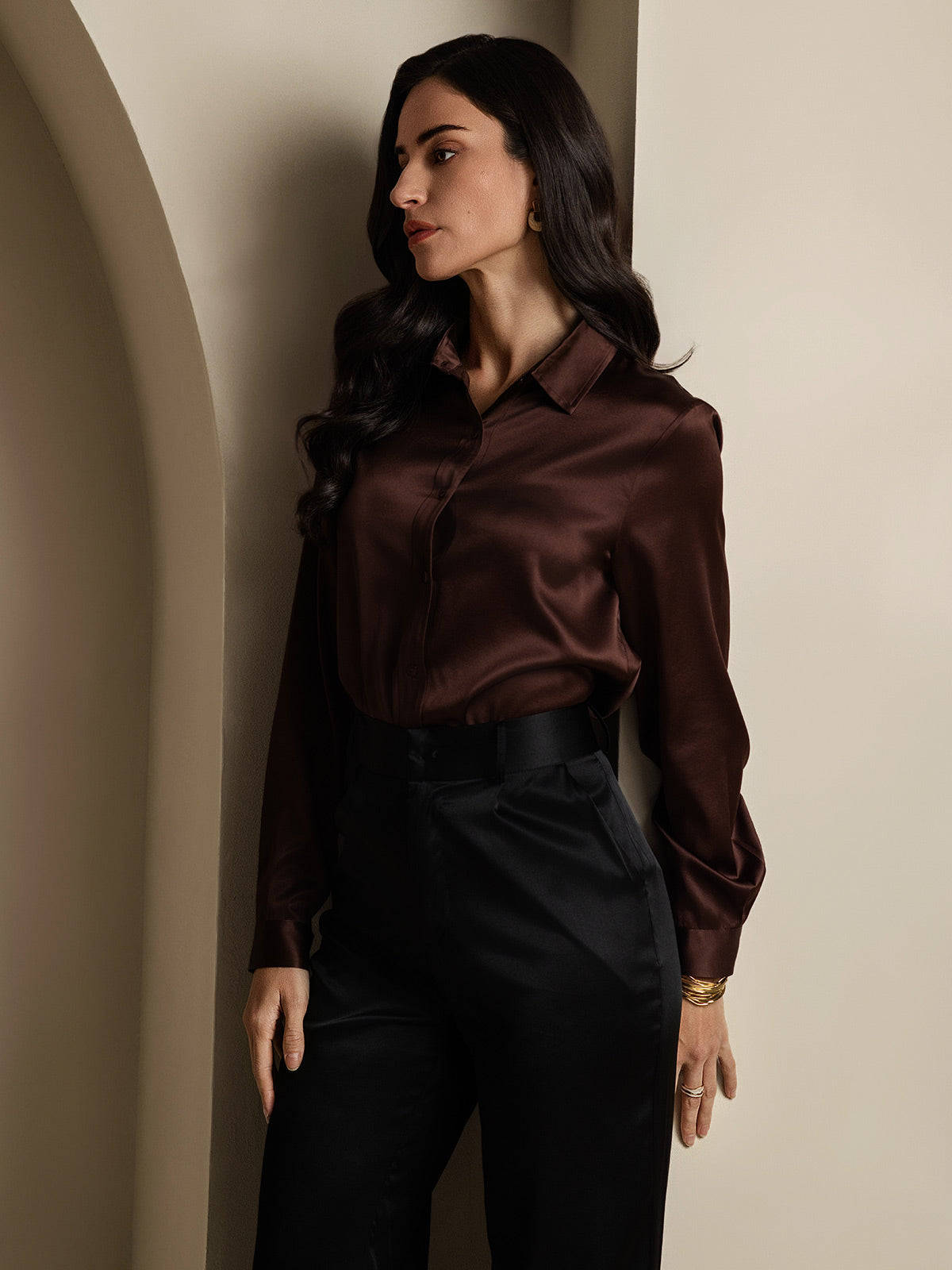 SilkSilky-NO 19Momme Silke Womens Shirt Kaffe 006
