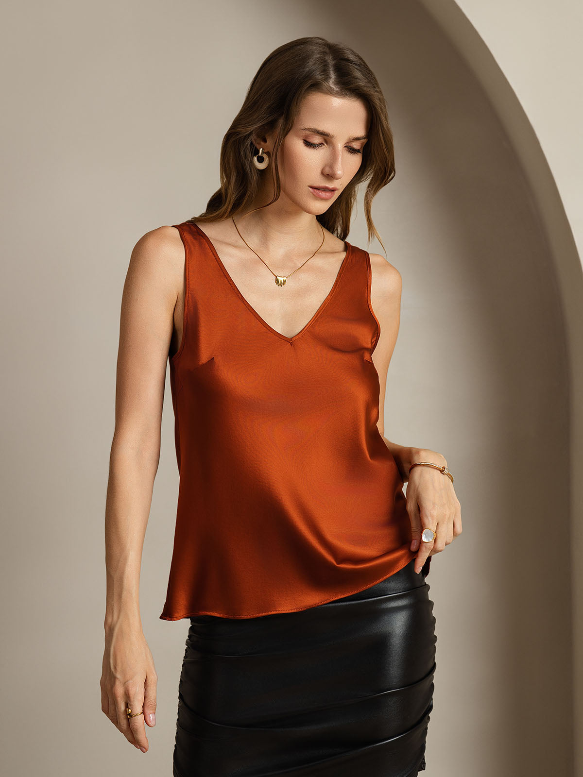 [Karamell] SilkSilky-NO 19Momme Silke V-Hals Camisole Topp 006