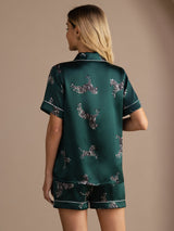 [Smaragd Zebra] SilkSilky-NO Short Sleeve Lapel Collar Pyjamas for Kvinner 002