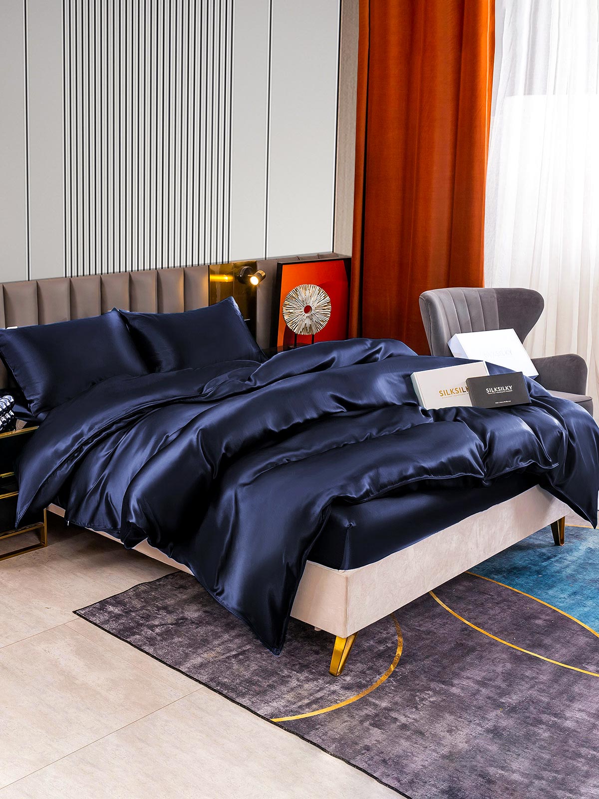 [Mørke blå] SilkSilky-NO 22Momme Bedding Set 005