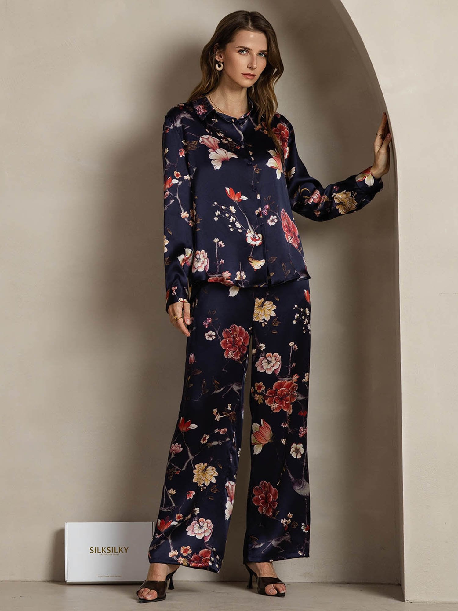 [MarineBlomster] SilkSilky-NO 19Momme Silke Lapel Collar Women''s Outfit Sets 003