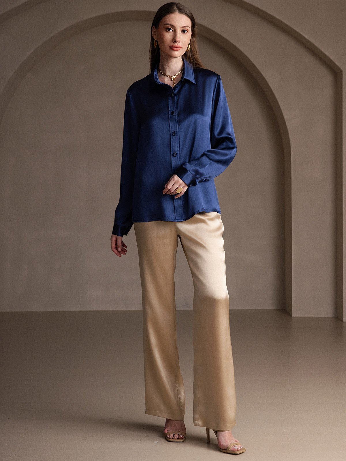 SilkSilky-NO 19Momme Silke Womens Shirt Mørkeblå 007