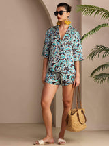 [Teal Botanisk] SilkSilky-NO Short Sleeve Notch Collar Pyjamas for Kvinner 005
