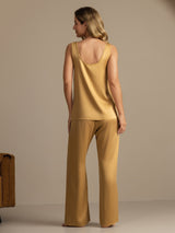 [Tan] SilkSilky-NO 19Momme Ermeløs Dyp Rund Halsutringning Pyjamas for Kvinner 002