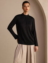 [Svart] SilkSilky-NO Long Sleeve Stand Collar Damebluser 001
