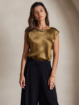 [Brun] SilkSilky-NO Cap Sleeve Round Neck T-skjorte for Kvinner 003