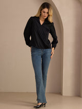 [Svart] SilkSilky-NO Long Sleeve Wrap Damebluser 006