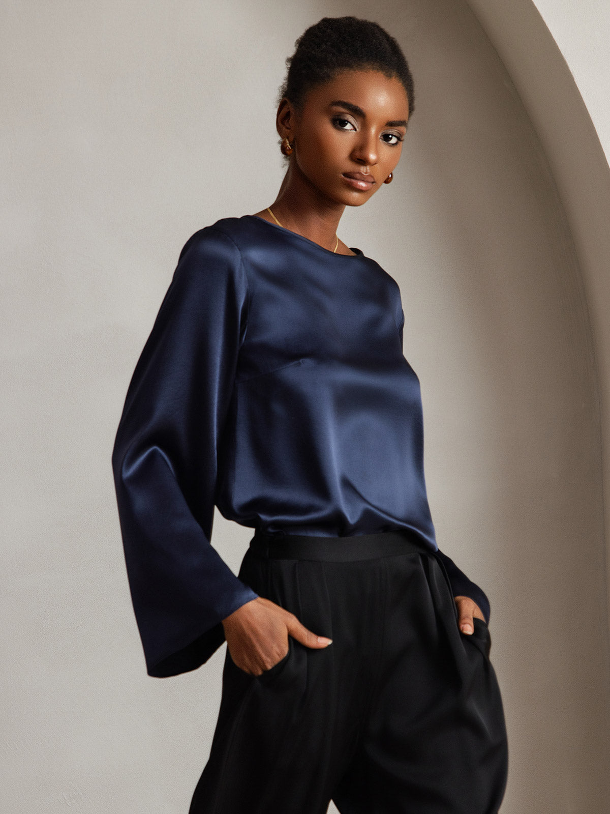 [Mørke blå] SilkSilky-NO 19Momme Silke Womens T-Shirt 001