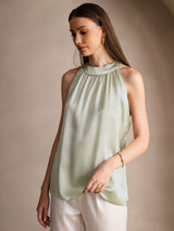 [Lysegrønn] SilkSilky-NO Sleeveless Halterneck T-skjorte for Kvinner 004