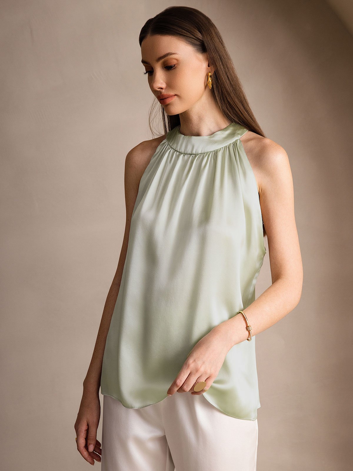 [Lysegrønn] SilkSilky-NO 19Momme Silke Womens T-Shirt 004