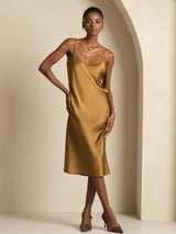 [Brun] SilkSilky-NO Spaghetti Strap U-hals Kjole 003