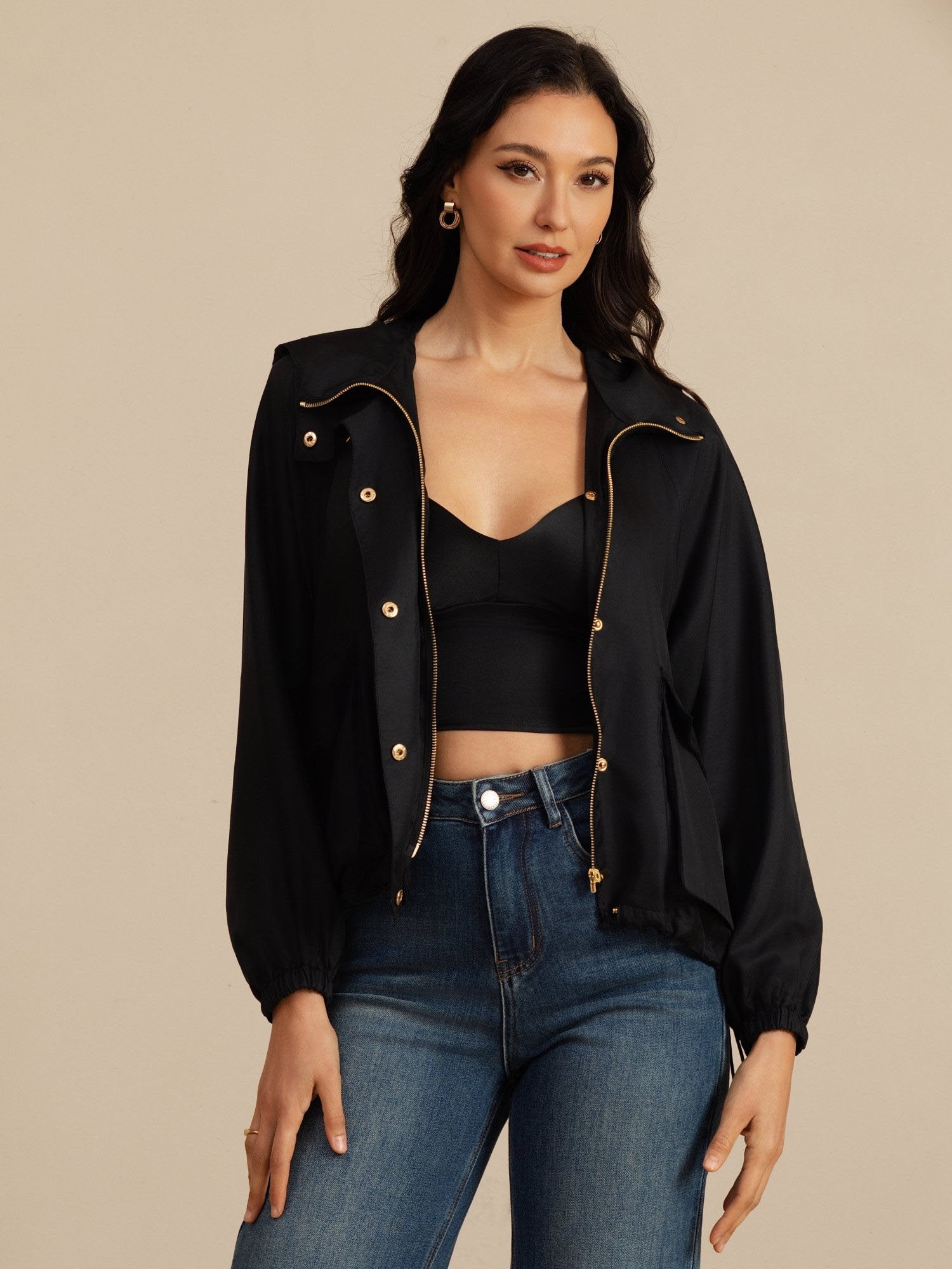 [Svart] SilkSilky-NO Langermet Høy Hals Yttertøy for Kvinner 006