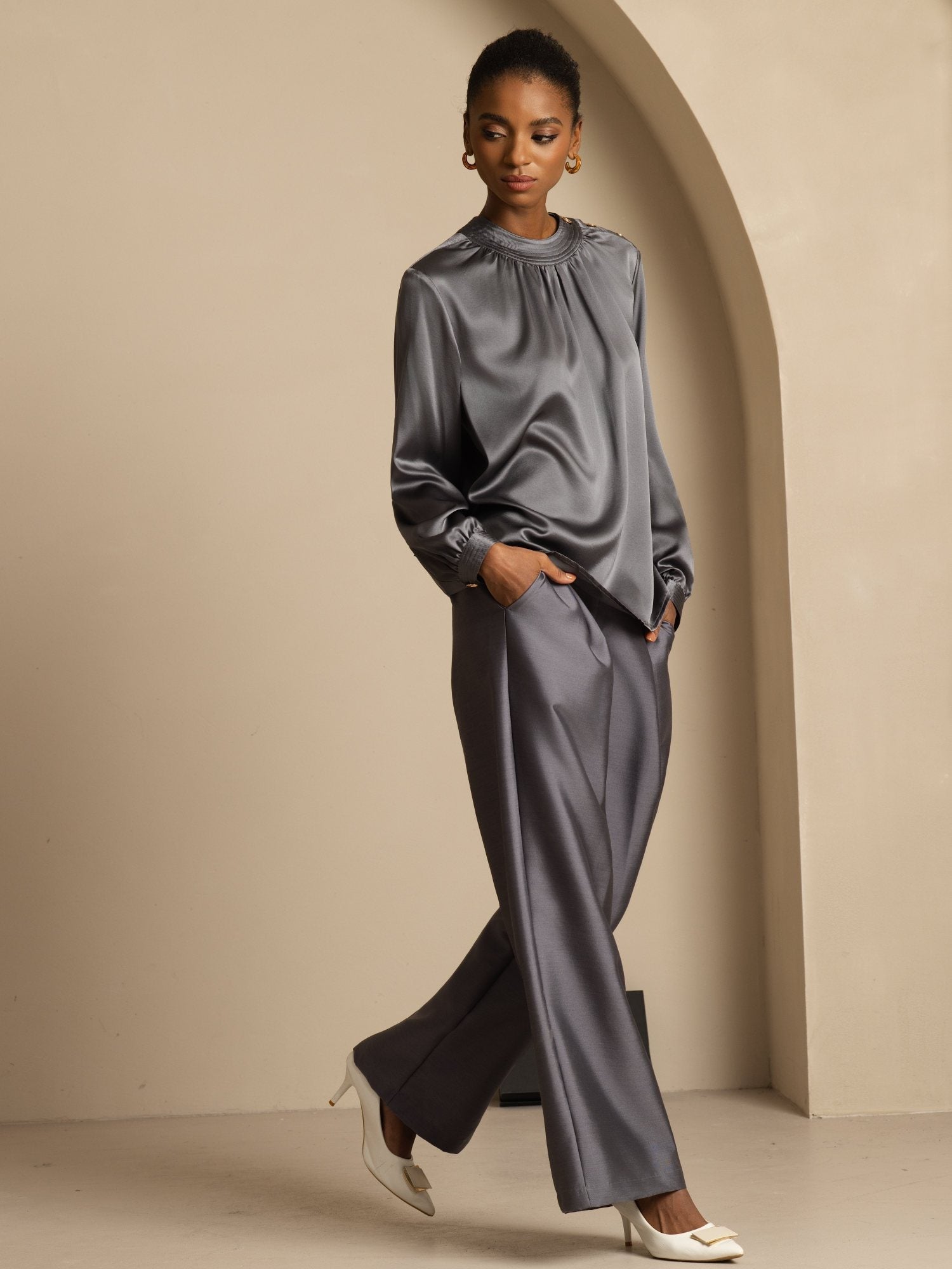 [Mørkegrå] SilkSilky-NO 19Momme Silke Langermet Rund Hals Bluse 007