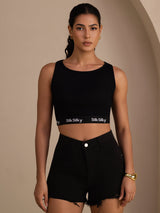 [Svart] SilkSilky-NO Sleeveless Crew Neck Camisole Topp 005