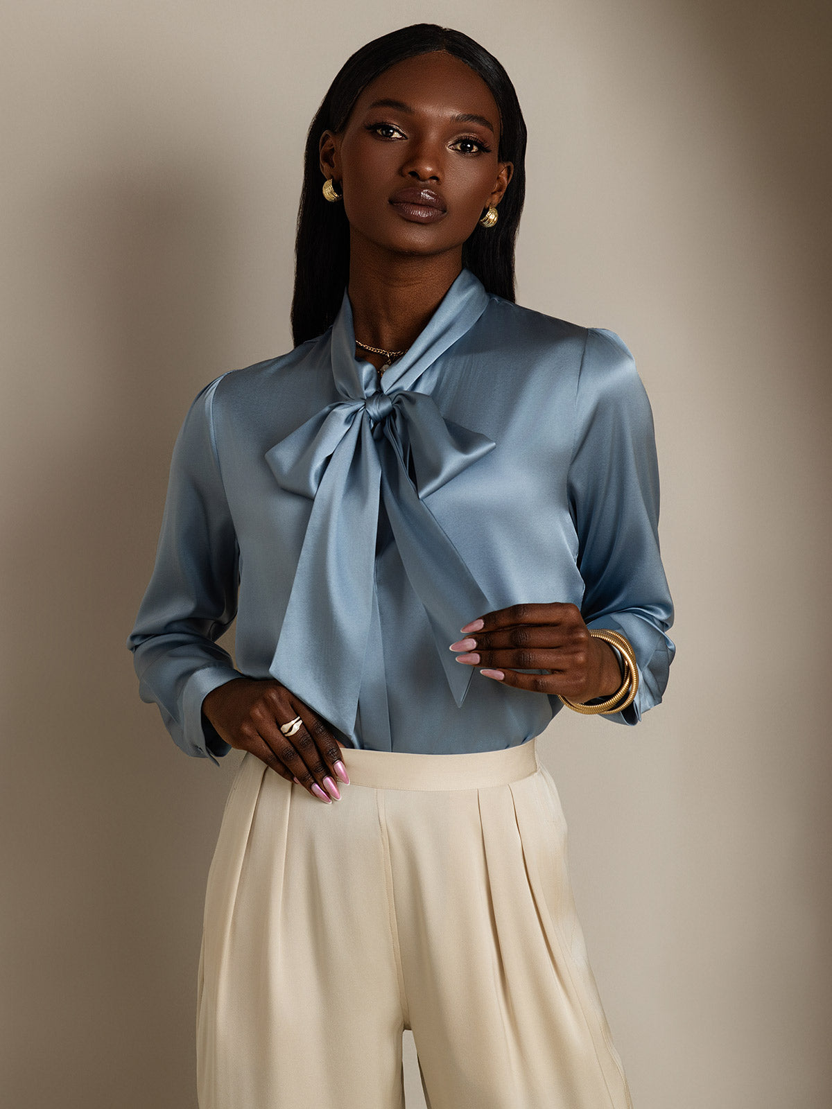 [Gråblå] SilkSilky-NO 19Momme Silke Long Sleeve Tie Neck Skjorte for Kvinner 003