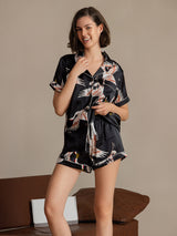 [Svart] SilkSilky-NO Short Sleeve Lapel Collar Pyjamas for Kvinner 003