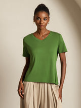 [Grønn] SilkSilky-NO Short Sleeve V Neck T-skjorte for Kvinner 008