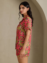 [Korallfarget Serval] SilkSilky-NO Short Sleeve Notch Collar Pyjamas for Kvinner 004