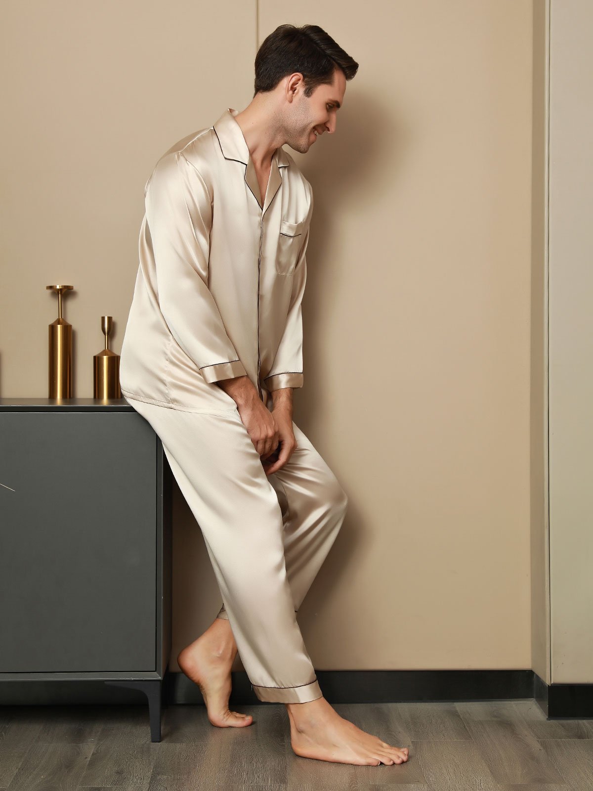 SilkSilky  Pure Silk Long Sleeve Lapel Men's Pajamas Tan 008