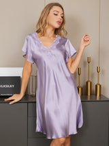 [Lilla] SilkSilky-NO Short Sleeve V Neck Nattkjole 004