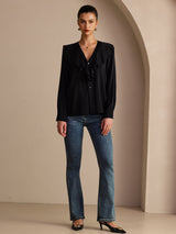 [Svart] SilkSilky-NO Long Sleeve Deep V Neck Damebluser 006