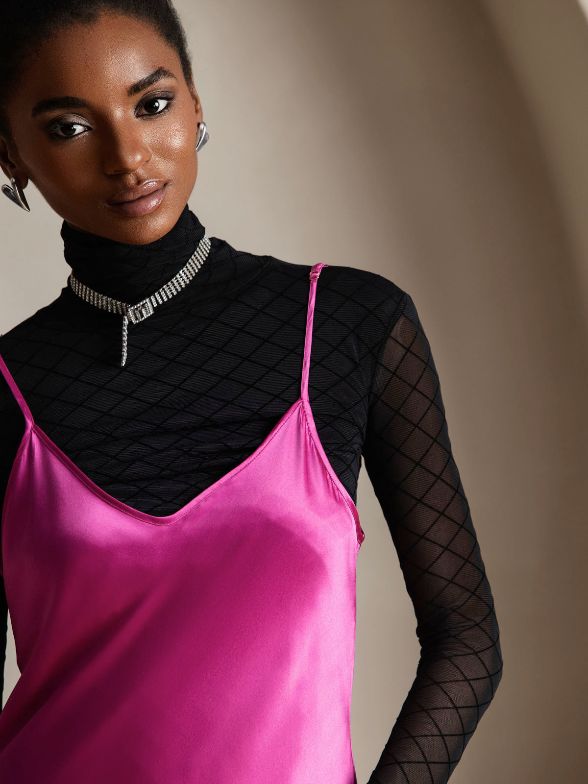 [Rosenrød] SilkSilky-NO Spaghetti Stropp V Hals Kjole 003