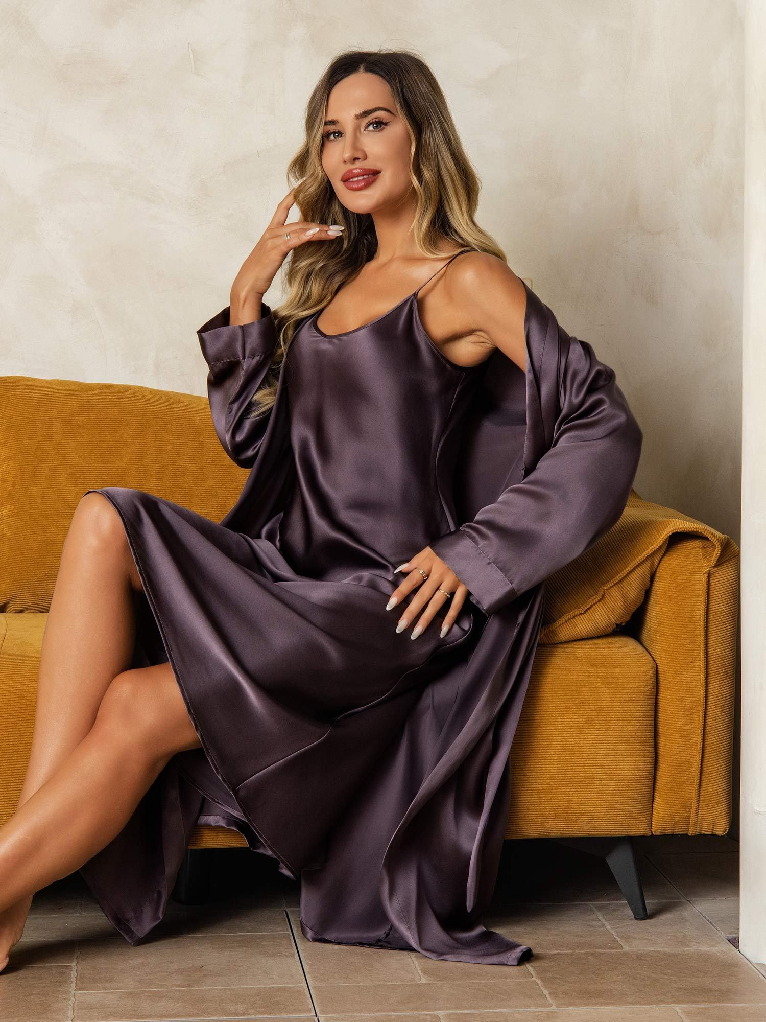 [Lilla Grå] SilkSilky-NO Silke Nightgown&Robe Set 006